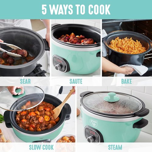 GreenLife 6QT Ceramic Slow Cooker - PFAS-Free Programmable Design with Removable Nonstick Pot - Turquoise