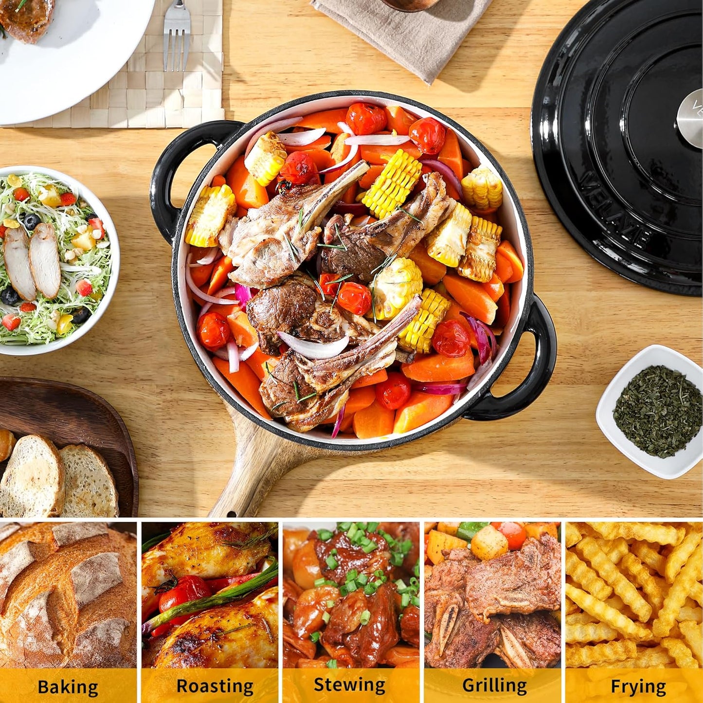 Velaze 7.5 QT Dutch Oven - Enameled Cast Iron Pot with Dual Handles for Sourdough Baking | Black