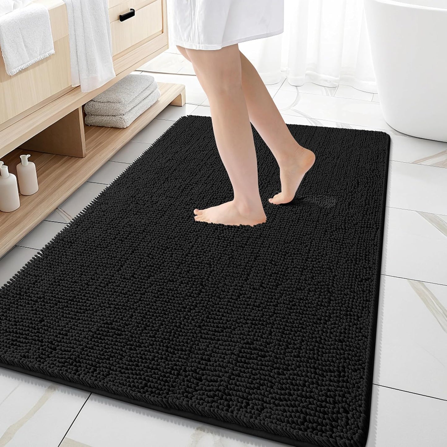 OLANLY Large Bathroom Rugs - Extra Soft Chenille Bath Mats | Quick Dry, Machine Washable, 59x35" - Black