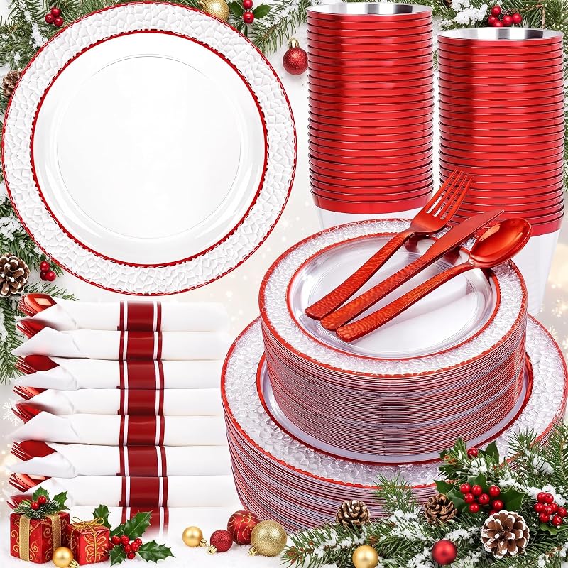 350 Piece Red Plastic Plates for Weddings & Holidays - Clear & Red+350 Variation