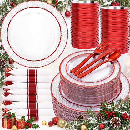 350 Piece Red Plastic Plates for Weddings & Holidays - Clear & Red+350 Variation