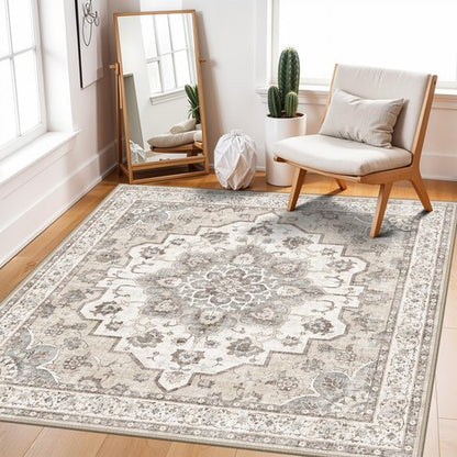 Living Room Washable Square Rug: 4x4 Soft Area Rugs for Kitchen Bedroom Bathroom Non-Slip Water Resistant Entryway Mat Low Pile Ultra Thin Small Carpet for High-Traffic Areas Home Decor (4x4,Beige)