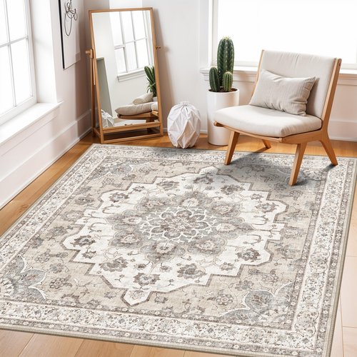 Living Room Washable Square Rug: 4x4 Soft Area Rugs for Kitchen Bedroom Bathroom Non-Slip Water Resistant Entryway Mat Low Pile Ultra Thin Small Carpet for High-Traffic Areas Home Decor (4x4,Beige)