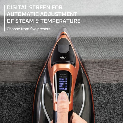 Rowenta Iron Steam Force Pro Steam Iron for Clothes, 1850 Watts, 5 Presets Smart Screen, Stainless Steel Soleplate, High-Efficiency Handheld Steamer Ironing, Anti-Drip Protection, Black Copper, DW9580