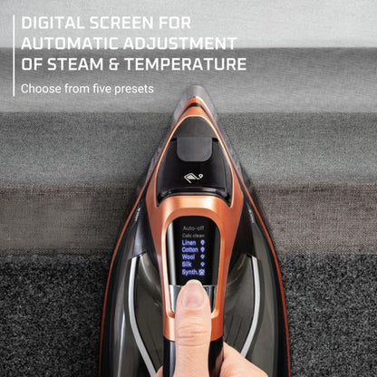 Rowenta Iron Steam Force Pro Steam Iron for Clothes, 1850 Watts, 5 Presets Smart Screen, Stainless Steel Soleplate, High-Efficiency Handheld Steamer Ironing, Anti-Drip Protection, Black Copper, DW9580