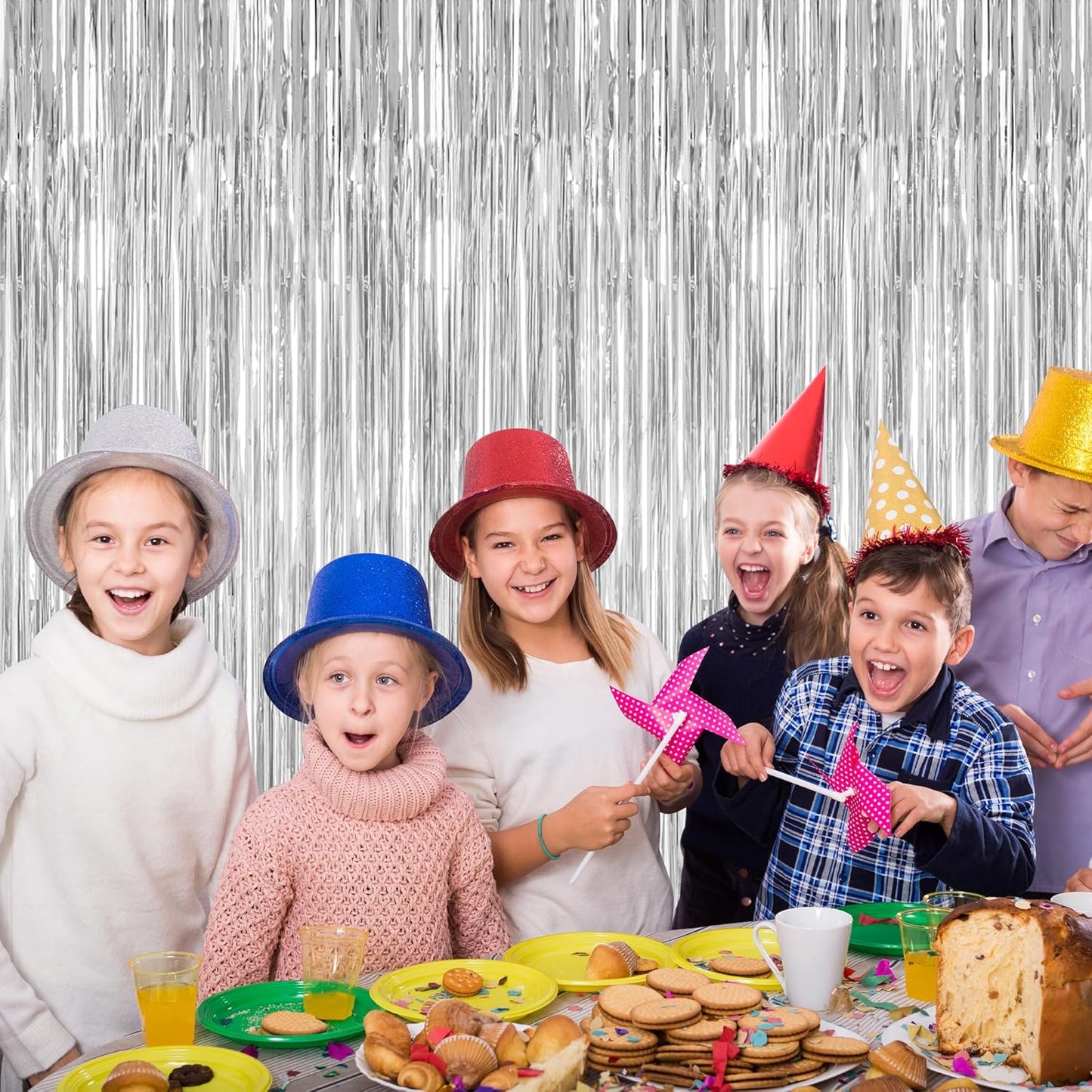 Metallic Silver Fringe Backdrop by [Brand Name] - 12 Pack Tinsel Curtains for Birthday & Disco Party Decor | 3.28 FT x 7.05 FT