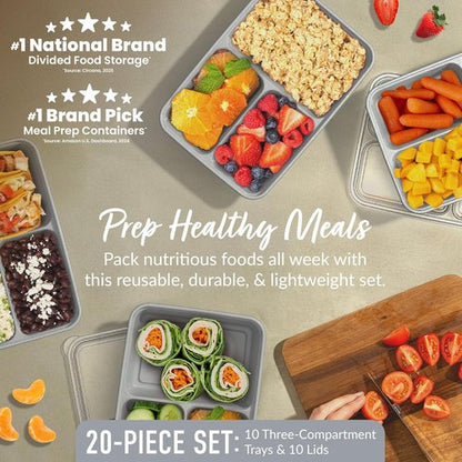 Bentgo Prep - 20-Piece Reusable Meal Prep Containers | Durable, BPA-Free, Microwave & Dishwasher Safe (Silver)