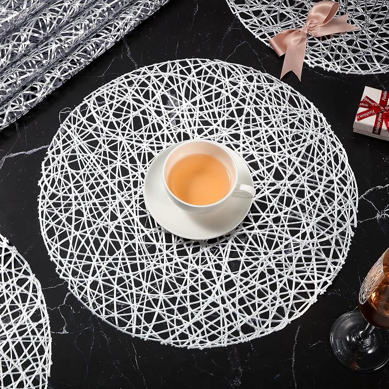 Sieral 24-Pack 15-Inch Silver Round Placemats with Hollow-Out Vinyl Pattern - Variation: Silver+24