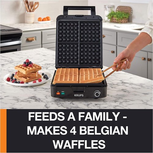 KRUPS 4-Slice Belgian Waffle Maker - Stainless Steel, 5 Browning Levels, Removable Plates, Large Family Size
