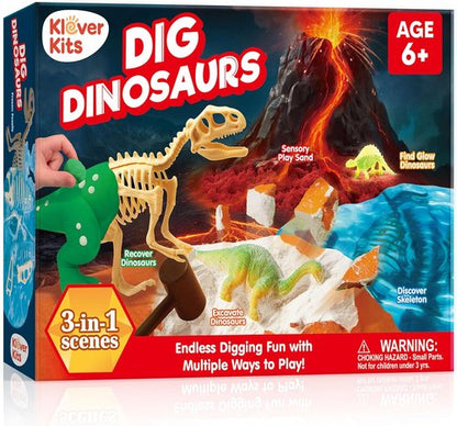 JOVA 3-in-1 Dinosaur Fossil Digging Kit - STEM Learning Toy with Glow-in-the-Dark Dinosaurs & Sensory Play Sand | DIY Craft for Kids 6+