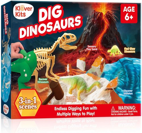 JOVA 3-in-1 Dinosaur Fossil Digging Kit - STEM Learning Toy with Glow-in-the-Dark Dinosaurs & Sensory Play Sand | DIY Craft for Kids 6+