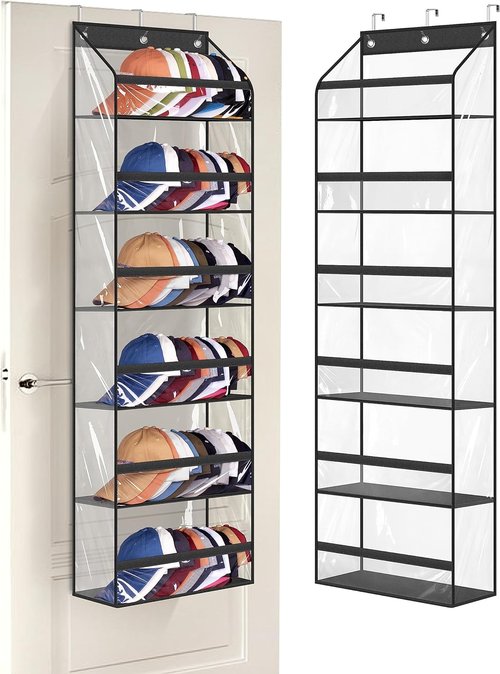 AOODA Clear Over The Door Hat Rack - Large Organizer for Up to 72 Baseball Caps | Black with 3 Hooks