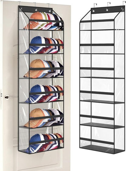 AOODA Clear Over The Door Hat Rack - Large Organizer for Up to 72 Baseball Caps | Black with 3 Hooks