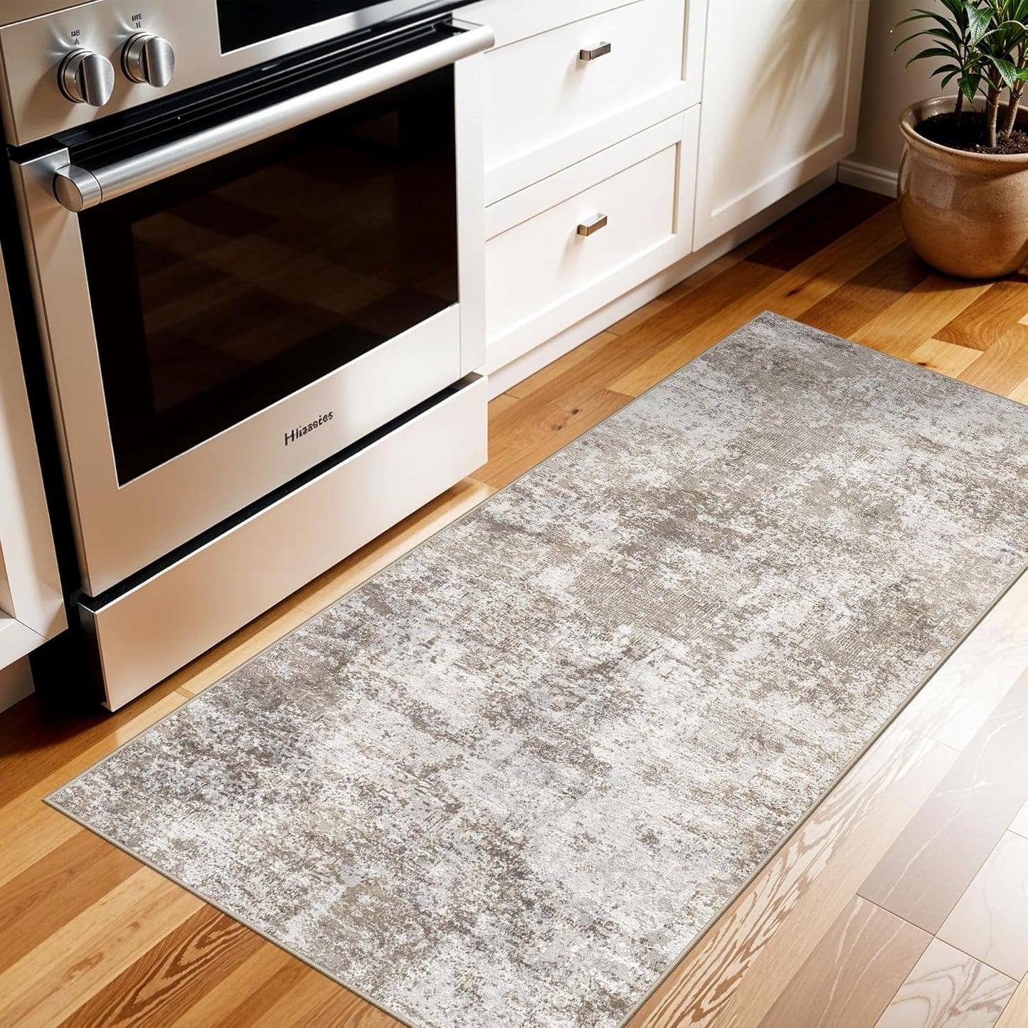 Skiennix Washable 2x5 Entryway Runner Rug - Modern Abstract Non-Slip, Easy-Clean, Stain-Resistant (Brown/Beige)