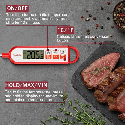 GLVSAE Digital Meat Thermometer - Instant Read in 1-2 Seconds | Waterproof Extended Probe for Cooking & BBQ