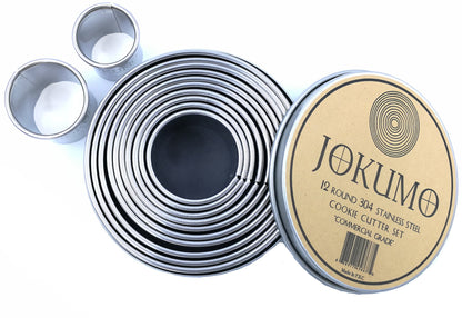 JOKUMO 12 Piece Plain Round Pastry/Cookie Cutter Set Heavy Duty Commercial Grade 18/8 304 Stainless Steel - Metal Marked Size – Perfect For Cooking Enthusiast