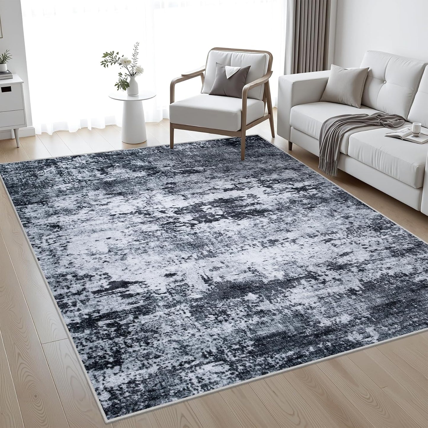 Skiennix 5x7 Area Rug - Washable Modern Abstract Soft Indoor Carpet | Non-Slip & Stain Resistant - Black