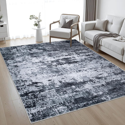 Skiennix 5x7 Area Rug - Washable Modern Abstract Soft Indoor Carpet | Non-Slip & Stain Resistant - Black