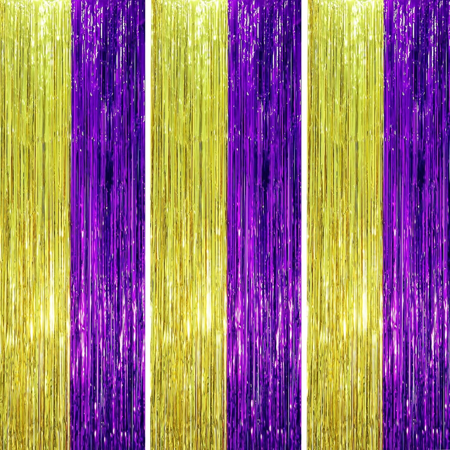 Voircoloria Purple and Gold Foil Fringe Backdrop Curtains - 3 Pack Tinsel Streamers for Parties
