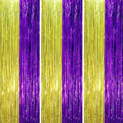 Voircoloria Purple and Gold Foil Fringe Backdrop Curtains - 3 Pack Tinsel Streamers for Parties