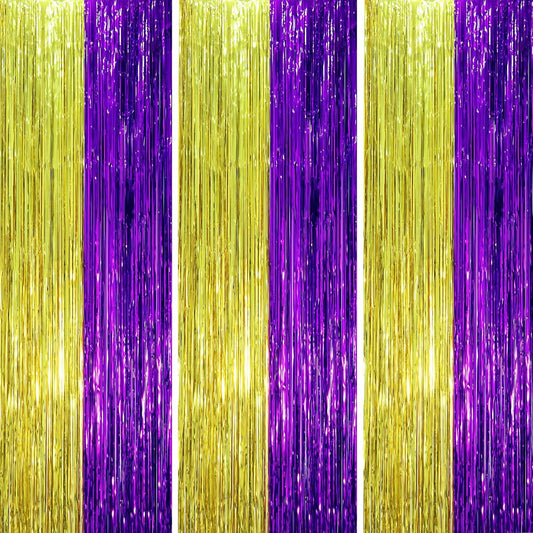 Voircoloria Purple and Gold Foil Fringe Backdrop Curtains - 3 Pack Tinsel Streamers for Parties