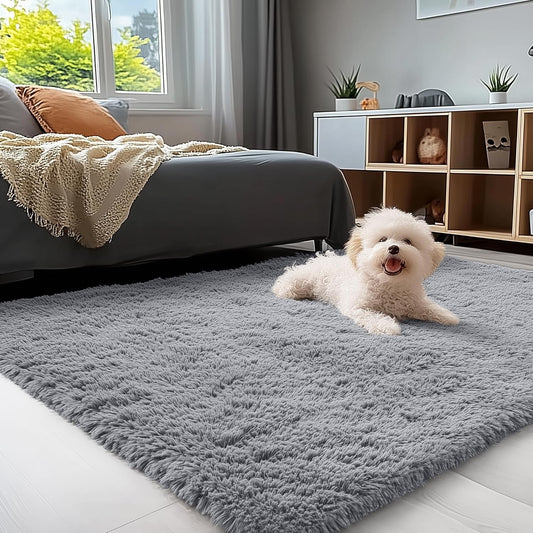 OLANLY Small Bedside Rug - Soft Fluffy Shaggy Carpet for Living Room & Bedroom | Light Grey 3x5 ft