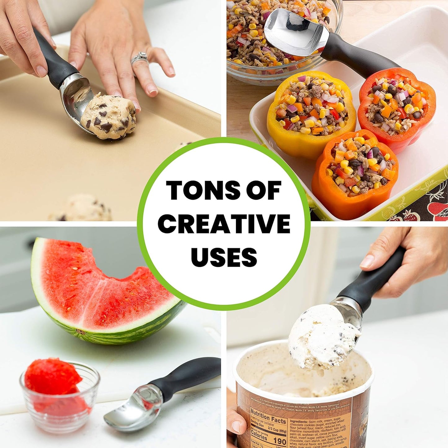 Spring Chef Stainless Steel Ice Cream Scoop - Heavy Duty Soft Grip Handle for Gelato & Sorbet - Dishwasher Safe - Black
