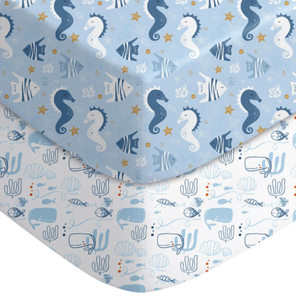 Yoofoss Baby Pack and Play Sheets 2 Pack for Boys and Girls - 38x26 Mini Crib Sheets Fitted Neutral Compatible with Graco Pack n Play Mattress,Ultra Soft Breathable Microfiber Underwater World