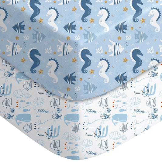 Yoofoss Baby Pack and Play Sheets 2 Pack for Boys and Girls - 38x26 Mini Crib Sheets Fitted Neutral Compatible with Graco Pack n Play Mattress,Ultra Soft Breathable Microfiber Underwater World