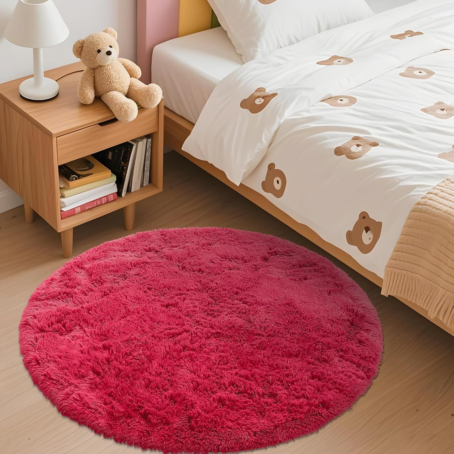 OLANLY Red Round Area Rug - Soft, Fluffy, Machine Washable 3 ft Circle Carpet for Bedroom & Living Room