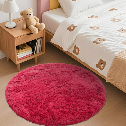 OLANLY Red Round Area Rug - Soft, Fluffy, Machine Washable 3 ft Circle Carpet for Bedroom & Living Room