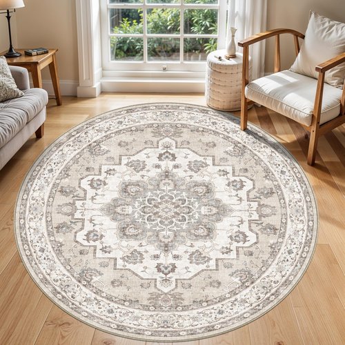 6ft Washable Kitchen Round Rug: Non-Slip Circle Area Rug for Living Room Dining Room Under Table Low Pile Soft Circular Carpet Water Resistant Durable Mat for Newlywed Cozy Home Decor(6ft-Round,Beige)