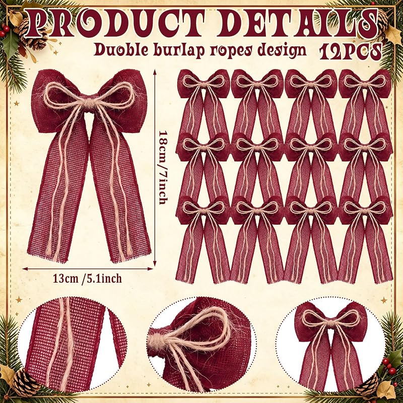 12 Pcs Burgundy Burlap Xmas Bows 5x7 in - Rustic Christmas Tree Decor