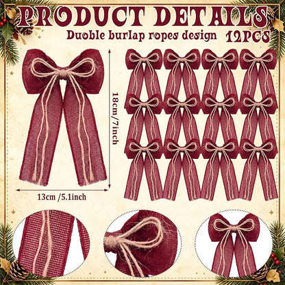 12 Pcs Burgundy Burlap Xmas Bows 5x7 in - Rustic Christmas Tree Decor