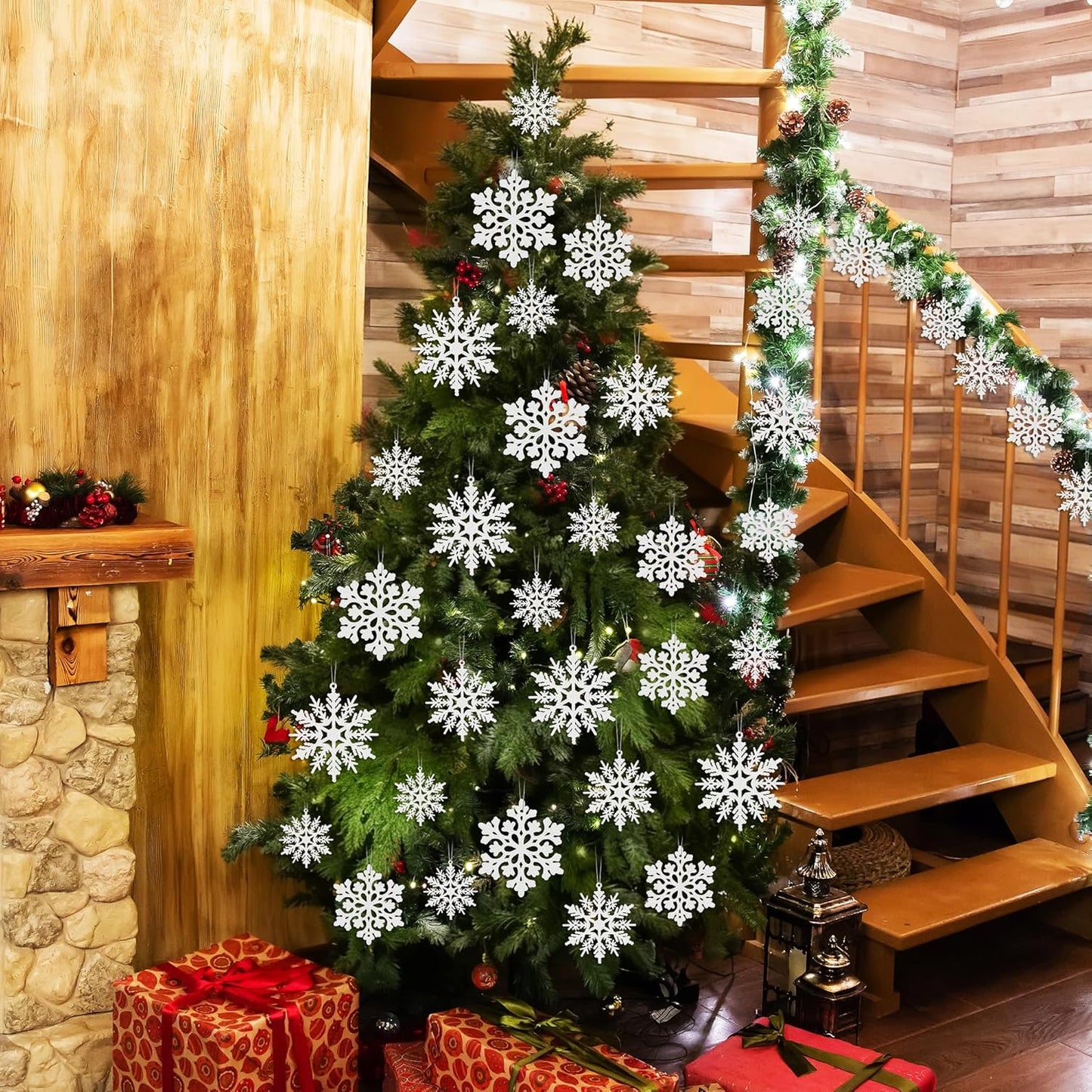 Skiennix 24PCS Snowflake Ornaments - White Glitter Christmas Tree Decorations for Winter Wonderland Decor