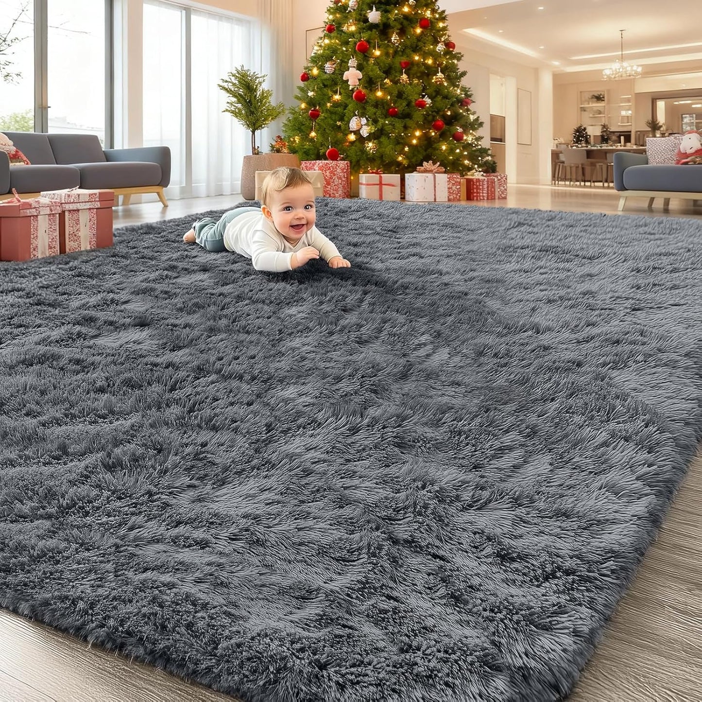 OLANLY 6x6 Area Rug - Soft, Fluffy Shaggy Design for Living Room & Bedroom | Machine Washable, Grey