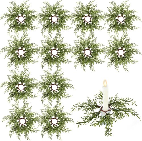 Canlierr Christmas Pine Taper Candle Rings - 12 Pack Mini Wreaths for Holiday Table Centerpieces | 1.38 Inch