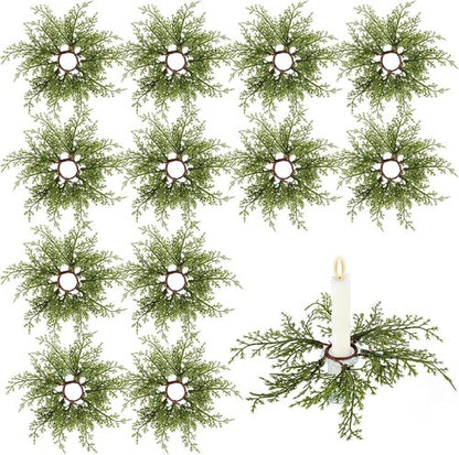 Canlierr Christmas Pine Taper Candle Rings - 12 Pack Mini Wreaths for Holiday Table Centerpieces | 1.38 Inch