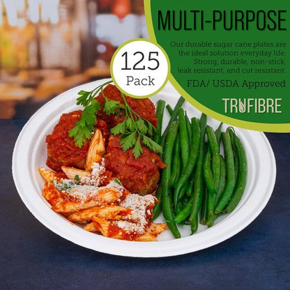 Compostable Bagasse Disposable Paper Plates by [Brand Name] - Microwave Safe, 125 Pack for Lunch & Dinner