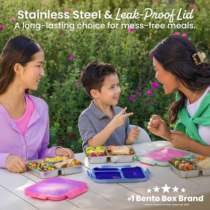 Bentgo Stainless Steel Lunch Box with 3 Compartments, 4.3 Cup Capacity, Leak-Proof Lid - Strawberry