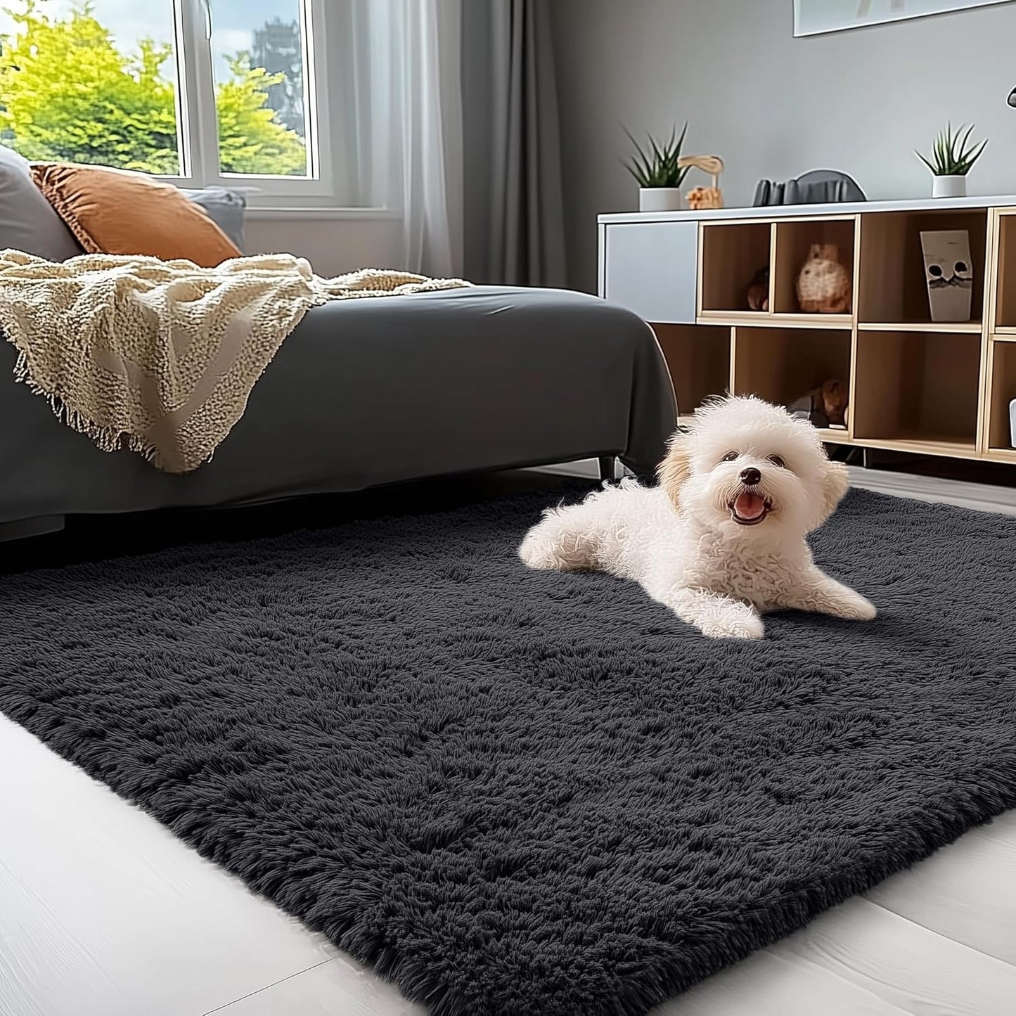 OLANLY Area Rug - Soft Fluffy Shaggy Design | Machine Washable 4x5.9 ft for Living Room & Bedroom - Black