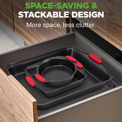 NutriChef Non-Stick Baking Pans Set - Deluxe Commercial Grade Bakeware with Red Silicone Handles | 8 Pieces, Stylish Gray Coating