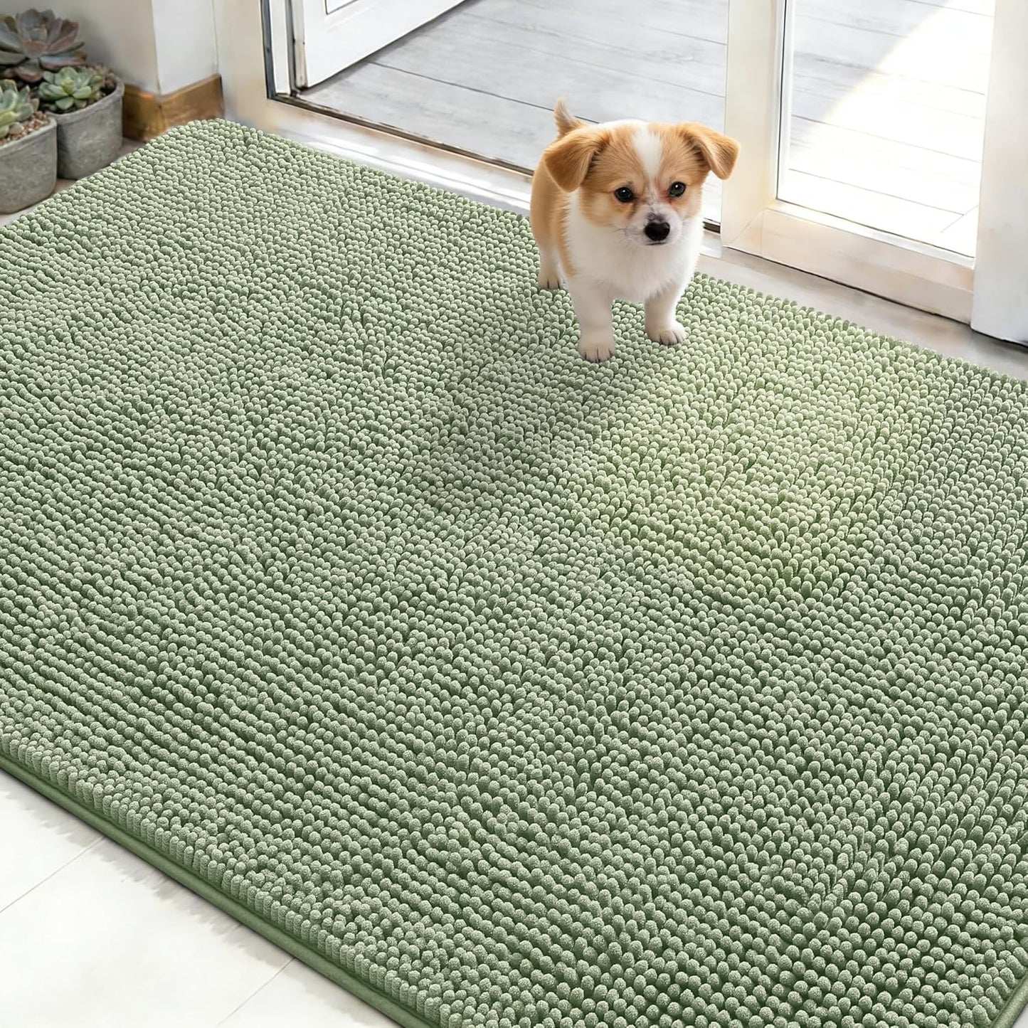 OLANLY Dog Door Mat - Absorbent Non-Slip Chenille Doormat for Muddy Paws | 50x30, Sage Green