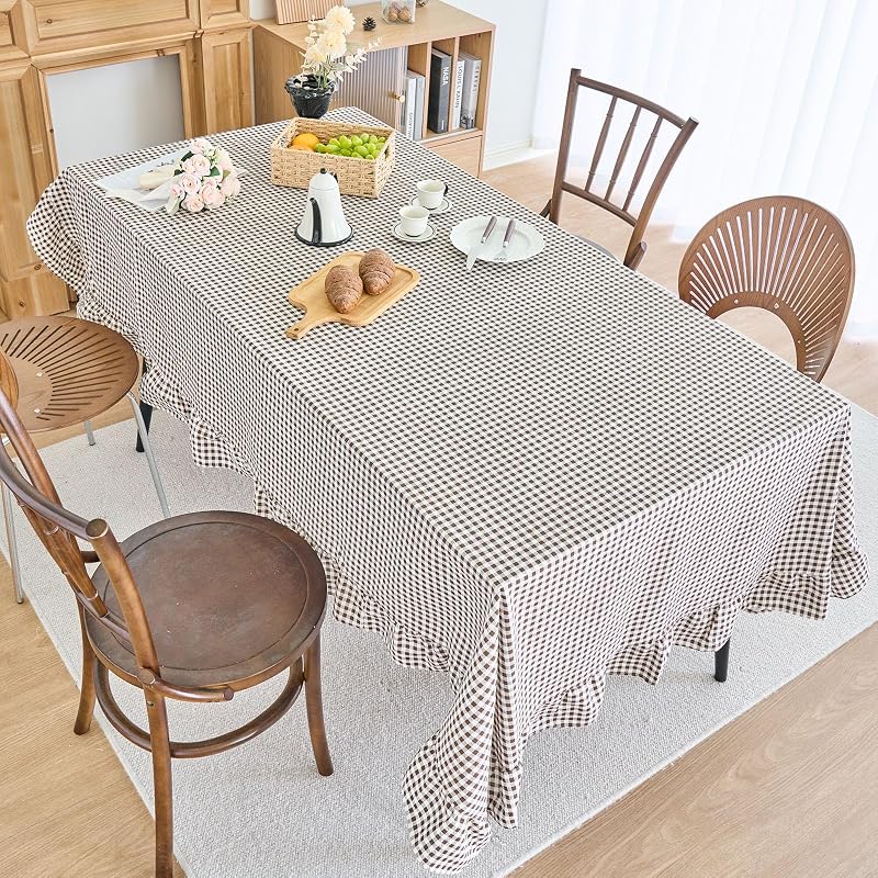vctops Farmhouse Coffee Plaid Ruffle Tablecloth 55x94 in Cotton Linen, Rectangular