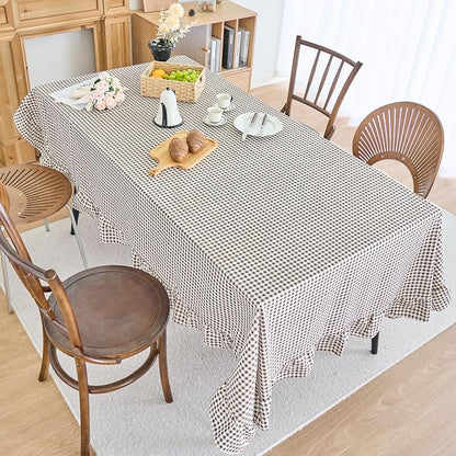 vctops Farmhouse Coffee Plaid Ruffle Tablecloth 55x94 in Cotton Linen, Rectangular
