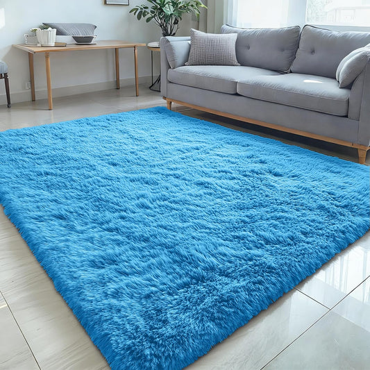 OLANLY Large 5x8 Machine Washable Area Rug - Soft Fluffy Shaggy Carpet for Living Room & Bedroom - Bright Blue