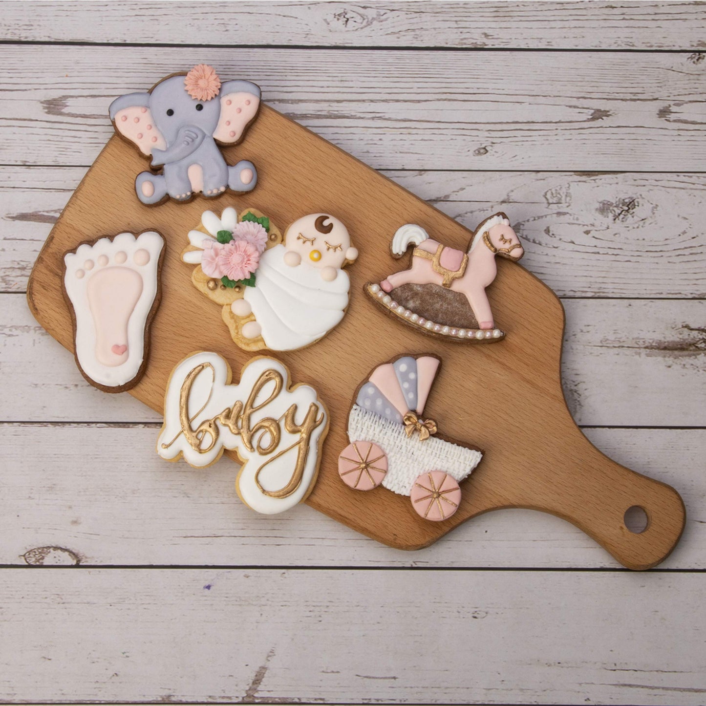 Baby Shower Cookie Cutter 6 Pack 3D Stampers Molds DIY Fondant Decorating for Kids' Birthday Party Kitchen Tools, Making Rocking Horse Baby Face Letter Teddy Bear Elephant Foot