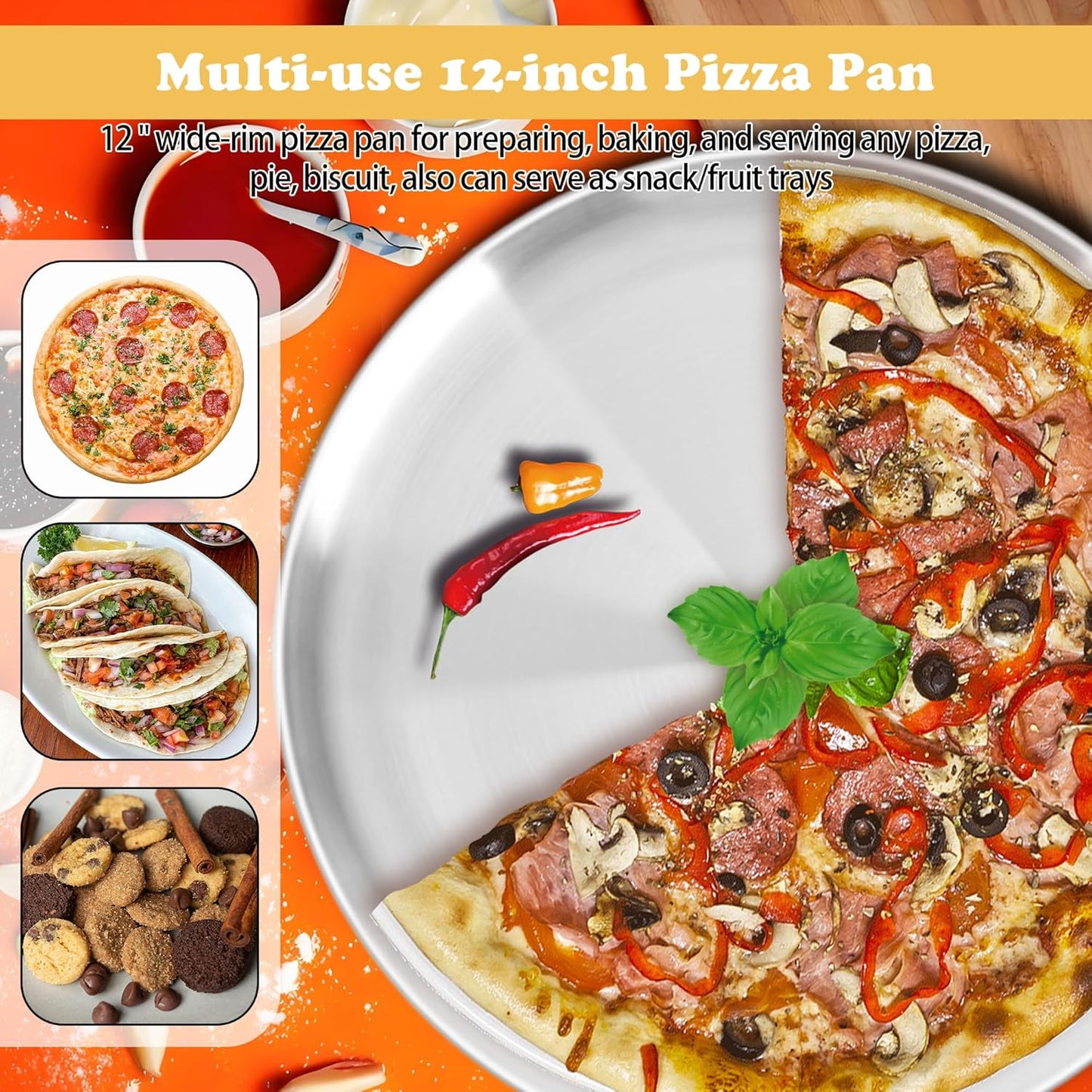 Stainless Steel Pizza Pan Set of 2 - 12 Inch Non-Stick Round Trays for Easy Baking & Cleaning