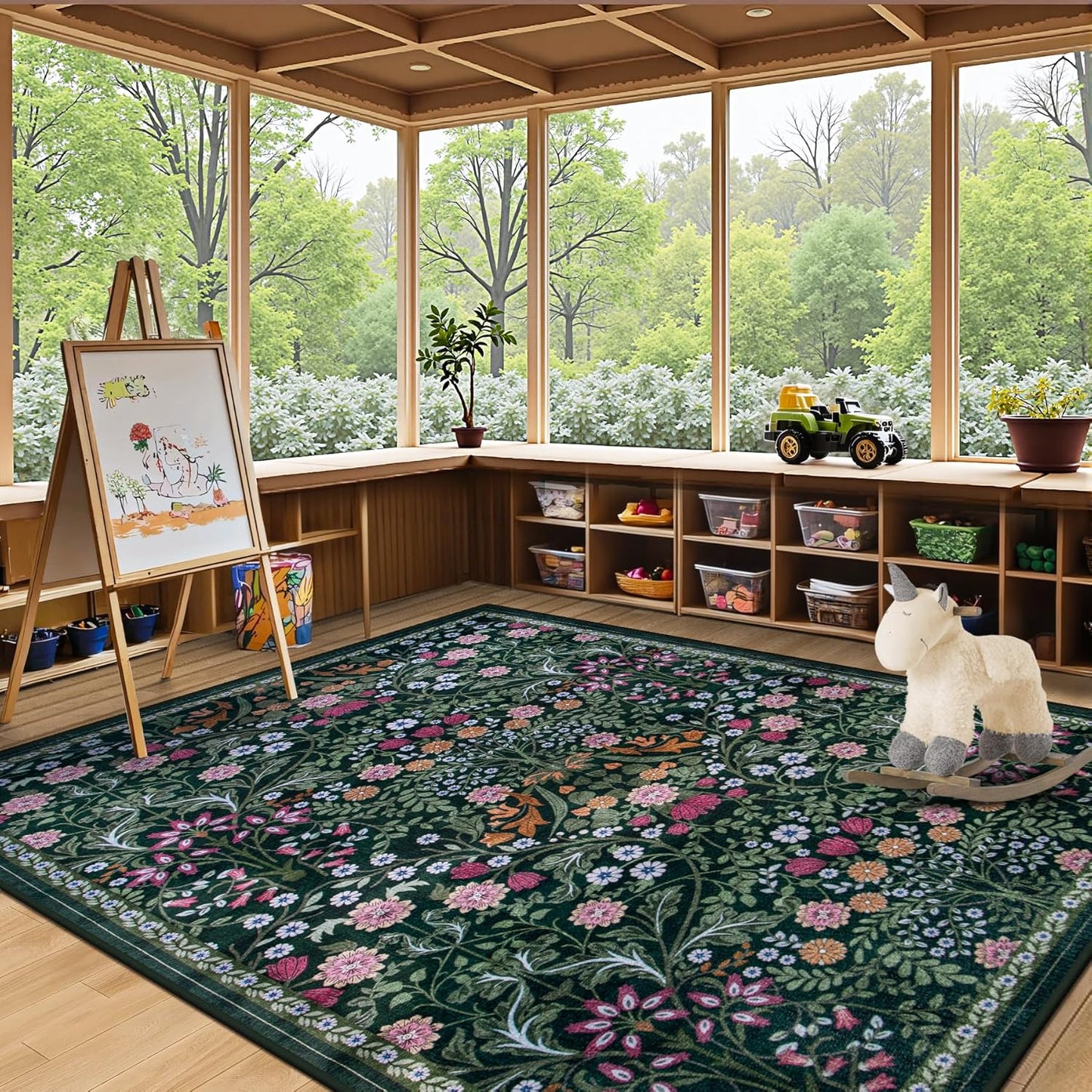 Skiennix 6x9 Area Rug - Vintage Floral Design | Washable, Soft, Non-Slip, Stain Resistant - Dark Green