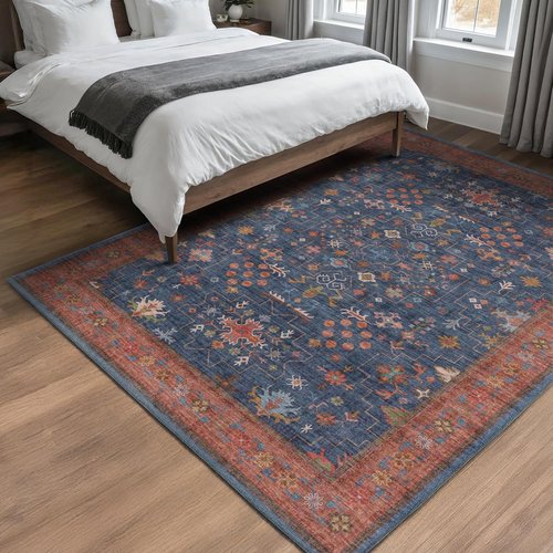 Hazo Haus Dark Blue & Terracotta 5x8 Area Rug - Machine Washable, Non-Slip, Stain Resistant for Living Room, Bedroom & Kitchen